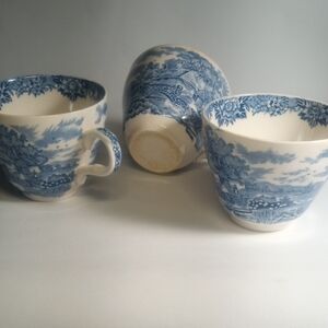✨ Vintage Blue & White Transferware Teacups - Set of 3 - Pastoral Cottage Scene